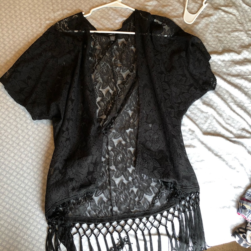 Black Floral Laced Cardigan with Fringe